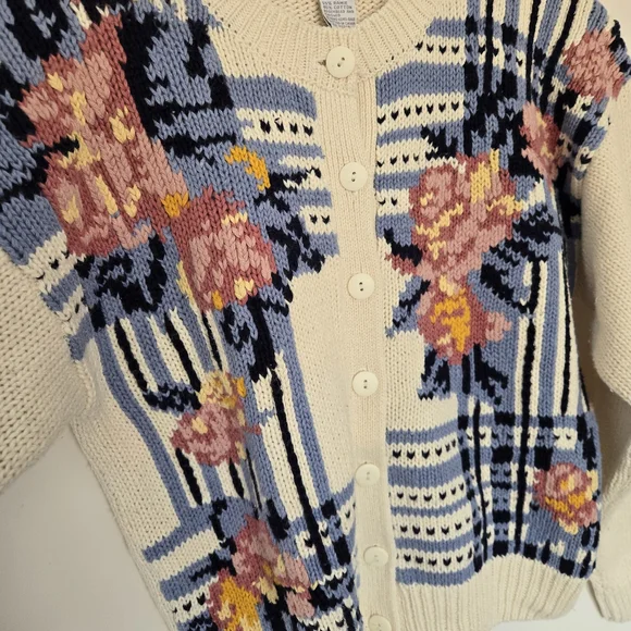 Women's Vintage Cream Floral Knit Cardigan Sweater Spring Easter Feminine Size M - Picture 5 of 6